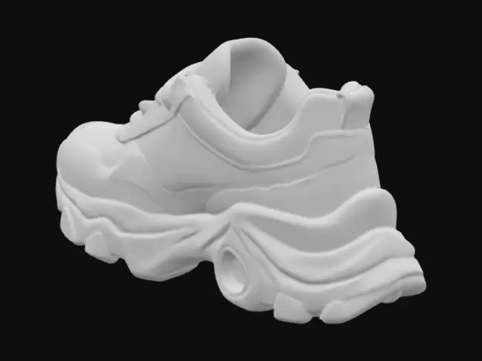 3D model for Design a futuristic sneaker inspired by modern streetwear and performance footwear. The shoe should feature a chunky, sculpted sole with intricate textures and panel lines, similar to the model in the reference image.Use a white base for the main body of the shoe, accented with deep blue overlays around the heel, lace area, and outsole. Add light blue gradient highlights along the midsole and upper mesh textures for a smooth yet dynamic look. Incorporate bold orange elements like a stripe on the side, subtle stitching, or a branded logo on the tongue for contrast.The design should feel premium, sporty, and fashion-forward, with realistic materials like smooth leather, technical mesh, and rubber soles. Include detailed stitching, shadow depth, and high-contrast lighting to look cool.
