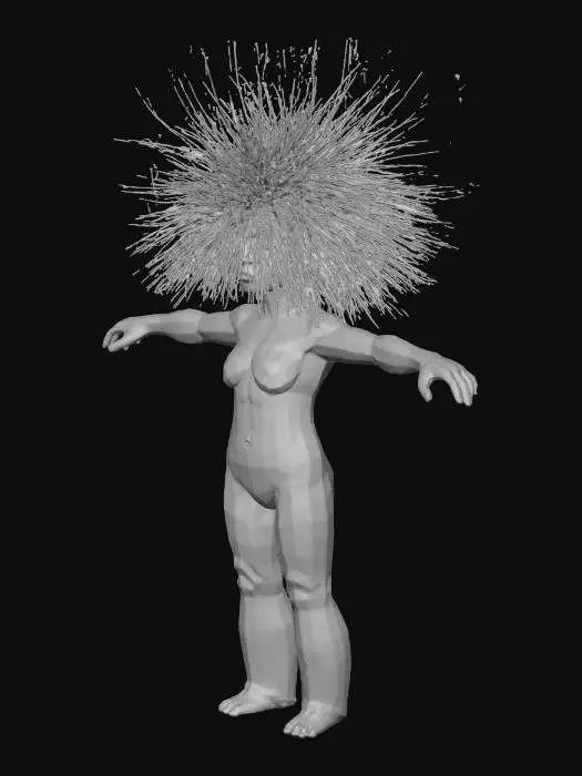 3D model for 拟人化：不靠谱风格发型，极简，纤维艺术，黄色动态纳米级细小纤维，极其夸张的长而凌乱，逼真而又空灵，凌乱潦草的三花猫，俏皮，夸张表情，黄色嘴巴，仰视，，发光，梦幻而浪漫，透明的层次，一闪而过的细节，在台上演讲。纯黑色背景，眼睛表情特写。高清画质，现代萌系凌乱潦草漫画