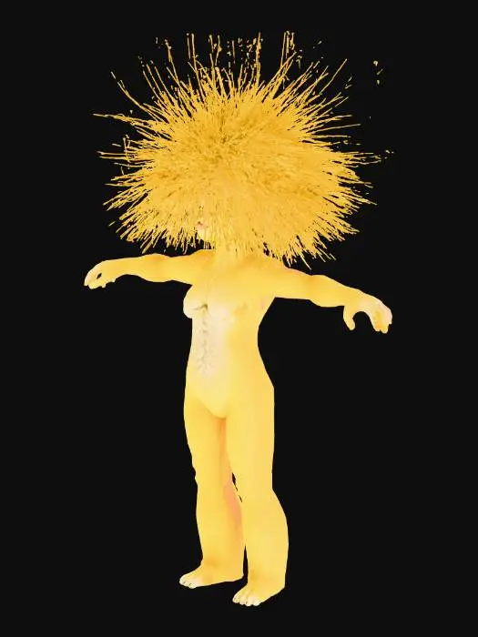 3D model for 拟人化：不靠谱风格发型，极简，纤维艺术，黄色动态纳米级细小纤维，极其夸张的长而凌乱，逼真而又空灵，凌乱潦草的三花猫，俏皮，夸张表情，黄色嘴巴，仰视，，发光，梦幻而浪漫，透明的层次，一闪而过的细节，在台上演讲。纯黑色背景，眼睛表情特写。高清画质，现代萌系凌乱潦草漫画
