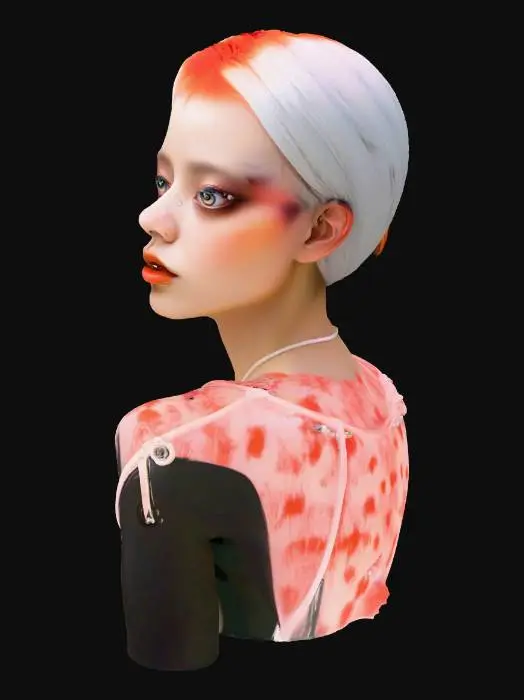 3D model for 大眼睛美女，赛博朋克风格、超现实主义，高级感、隐隐约约的模糊人像虚化，边沿模糊，景深，高噪点，强烈的胶片颗粒感，弥散模糊晕染，经典大师构图，超现实，细节生动完美，杰作、极具个性的角色、赛博朋克插画风格、高对比度、大气、狂野、睿智、冷酷、背景、超现实背景、精致皮肤、银发、红发、夏季清爽服饰、虚无背景、3D游戏画风、8K高清、