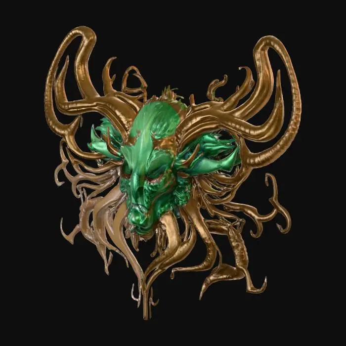 3D model for Frank Frazetta绘画风格，奇幻绘画大师，奇幻风格电影海报，风格，极繁主义，不对称构图。磨砂感、极具艺术感、震撼人心、视觉冲击力、咖色和深绿色，