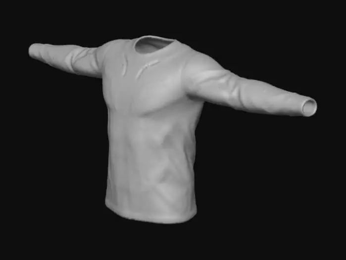 3D model for Genera una maglietta sul rosso e nero con le maniche lunghe con una fantasia futuristica ma deve avere le braccia aperte a T