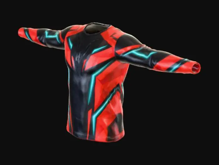3D model for Genera una maglietta sul rosso e nero con le maniche lunghe con una fantasia futuristica ma deve avere le braccia aperte a T