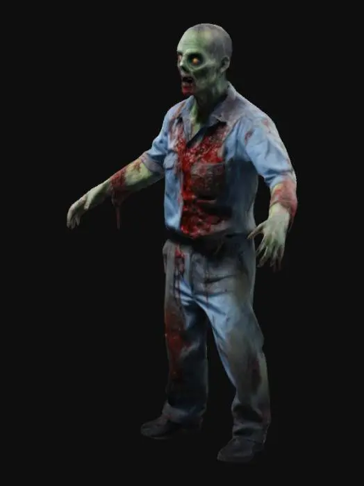 3D model for disegna uno zombie pieno di sangue ammuffito vestito da operaio con le braccia a t stando attento alle ascielle