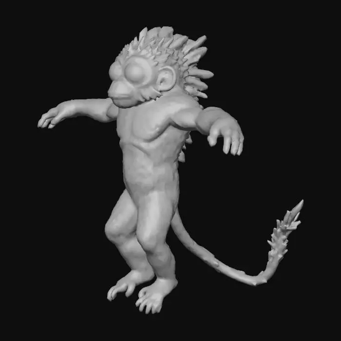 3D model for Creatura aliena stile scimmiona mix pelora aliena assurdo di cristallo, coda lunga con delle punte, l'alieno deve essere di colore viola scuro e nei bordi giallo e drvr avere gli occhi neri grandi e al posto dei capelli delle spine di cristallo con le braccia a T