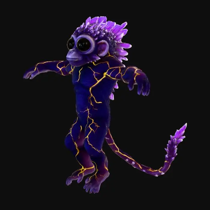 3D model for Creatura aliena stile scimmiona mix pelora aliena assurdo di cristallo, coda lunga con delle punte, l'alieno deve essere di colore viola scuro e nei bordi giallo e drvr avere gli occhi neri grandi e al posto dei capelli delle spine di cristallo con le braccia a T