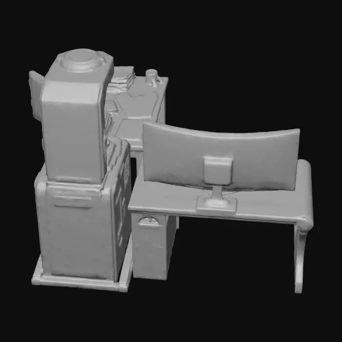 3D model for postazione di ricerca con pc macchina esperimenti e tavolino con documenti di ricerca tutto