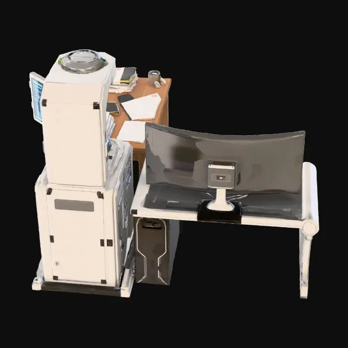 3D model for postazione di ricerca con pc macchina esperimenti e tavolino con documenti di ricerca tutto