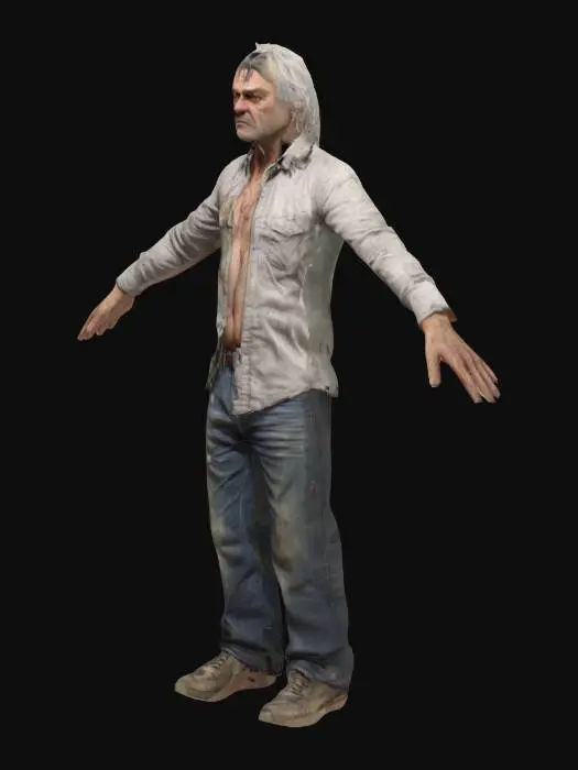 3D model for a rumpled middle-aged junky in a dirty shirt, A-pose, Full Body, Ultra Realistic
