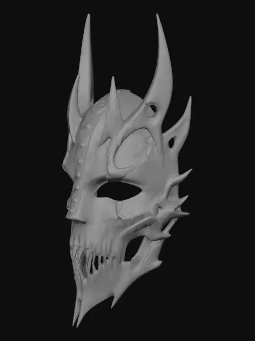 3D model for осимая маска в стиле dark fantasy демонической эстетики, передняя лицевая часть с полой задней полостью под лицо человека. Состаренная костяная поверхность с трещинами, серебристые гравированные узоры на щеках, вертикальная клёпаная железная полоса по центру от лба до подбородка, небольшой сигил-медальон на лбу. Пять длинных изогнутых металлических рогов веером вверх и в стороны. Нижняя челюсть — ряд острых клыков в яростном оскале. Два сквозных овальных отверстия для глаз — без стекла, без линз, чтобы носитель видел. Полая внутри, одна деталь, готовая к 3D-печати на FDM или смоляном принтере, manifold-геометрия. Без ткани, без капюшона, без плеч и шеи — только маска и рога.