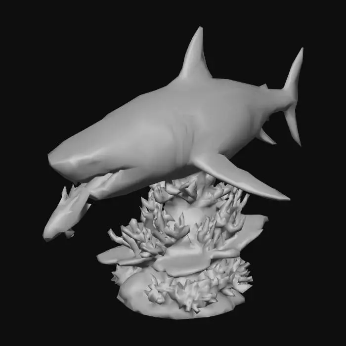 3D model for Bir büyük beyaz köpek balığı başka bir balığı yerken.  Alt tarafta köpek balığını üstte tutacak mercan şeklinde bir kaide.