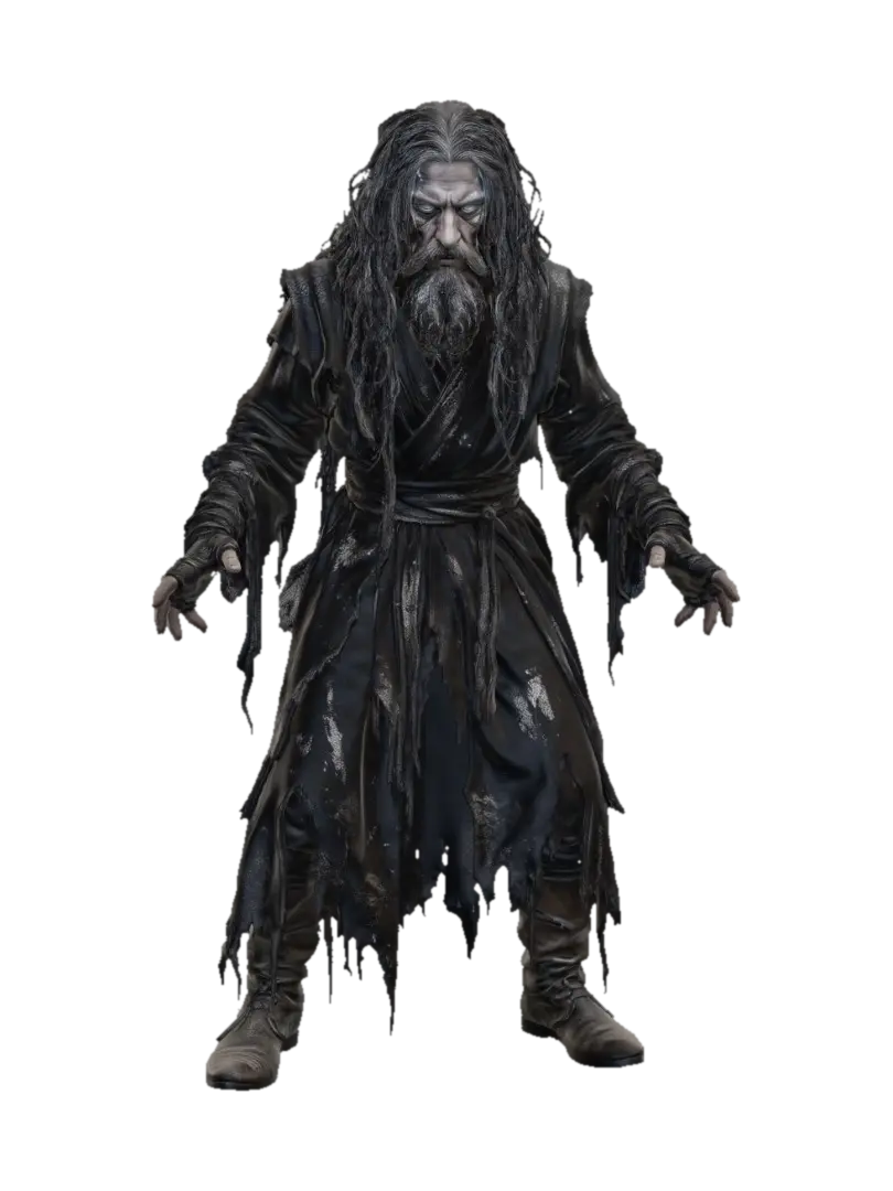 Full body, feet visible. Gaunt human archmage in tattered black robes standing in… 3D model, vytvořený pomocí AI