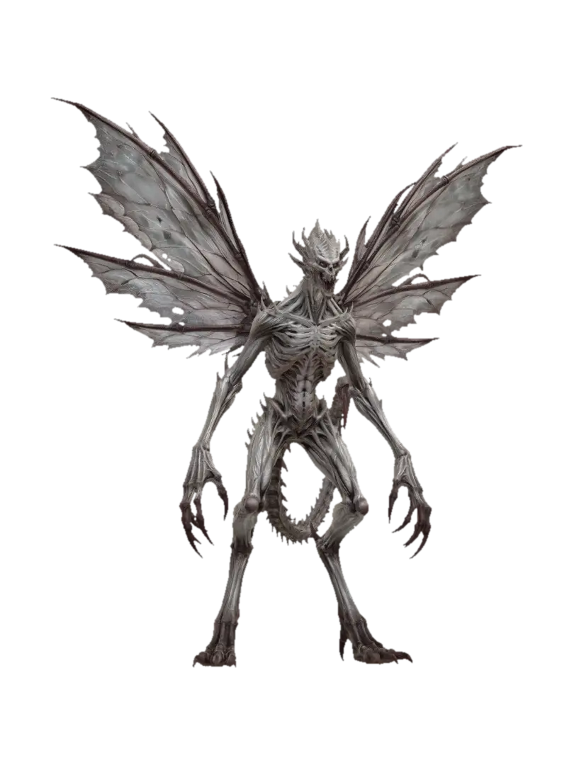 Mô hình 3D của Full body, feet visible. Horrific bone devil (osyluth) fiend w/gaunt skeletal…, được tạo bằng AI