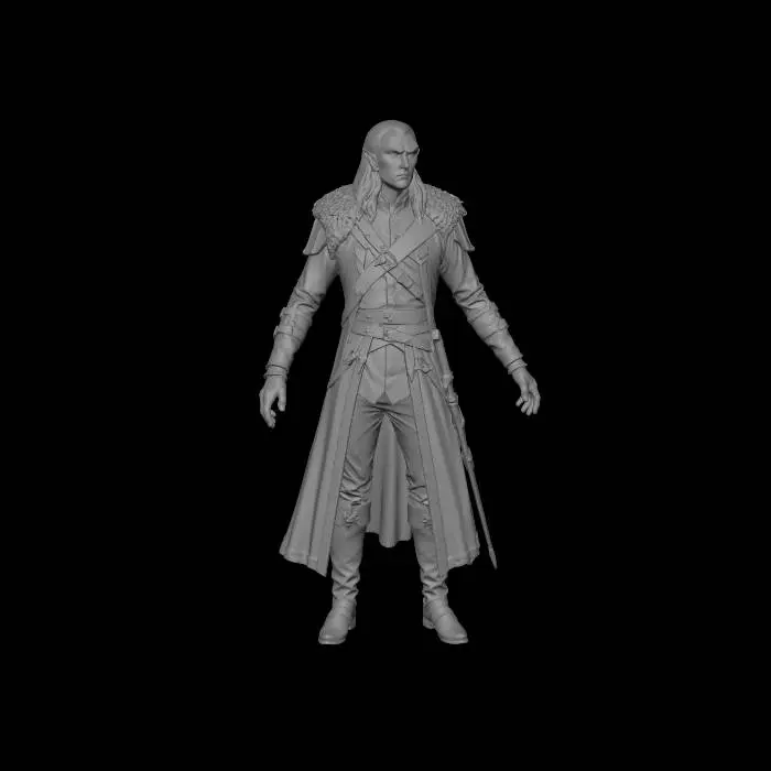 3D model for Full body image: Tall gaunt dusk elf nobleman with sharp angular features, pale gray skin, long black hair tied back, pointed ears, cold intelligent eyes, stern expression. Wears dark aristocratic Barovian clothing with black leather coat, fur-lined collar, belts, gloves, high boots. Calm disciplined posture, hands relaxed but ready for violence. Subtle aura of dread and authority. Elegant but ruthless executioner energy. Grounded dark fantasy realism, Curse of Strahd tone, believable anatomy, clean geometry for 3D modeling.

Negative Prompt

heroic elf, anime, glowing eyes, flashy armor, vampire fangs, cartoon, exaggerated fantasy, kind expression, bulky warrior, ornate crown, bright colors, smooth perfect skin