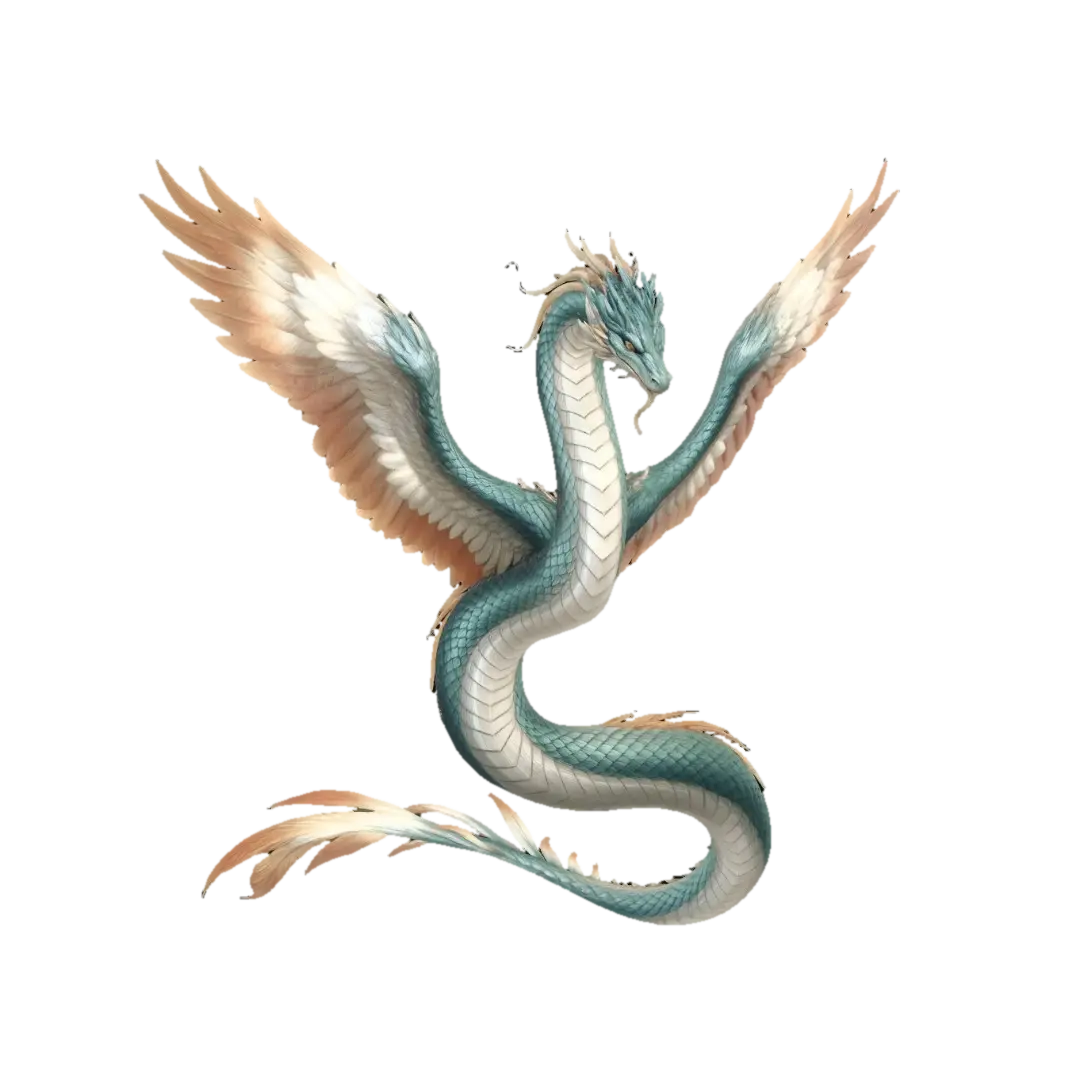 Full body image. Elegant couatl celestial w/long serpentine body covered in… - Feathered 3D model, vytvořený pomocí AI