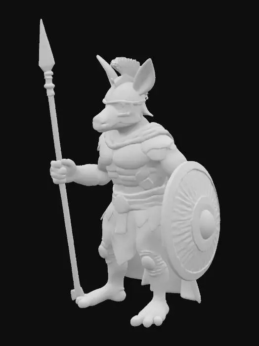 3D model for I want a cartoon styled model of a Spartan dressed tapir, standing on two legs with a separ in one hand and a shield in the other. It should wear the Spartan helmet, the war armor and a cape.