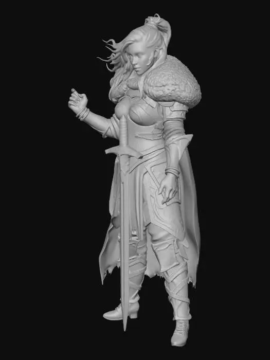 3D model for “A highly detailed 3D model of a fierce warrior woman stands on a frozen, snow-covered battlefield, sculpted with realistic proportions and heroic anatomy, her stance grounded and powerful as she rests a heavy longsword tip-down in the ice, one gauntleted hand gripping the hilt. She wears intricately modeled leather-and-steel armor with engraved metal plates, fur-lined pauldrons, reinforced boots, and a torn cloak simulated with realistic fabric physics, her braided hair and loose strands dynamically affected by icy wind, snow accumulating naturally on surfaces. The environment features a fully realized 3D snowy battlefield with scattered shields, broken weapons, uneven terrain, and distant low-poly-to-high-detail mountains under a stormy skybox, volumetric fog and particle-based snowfall