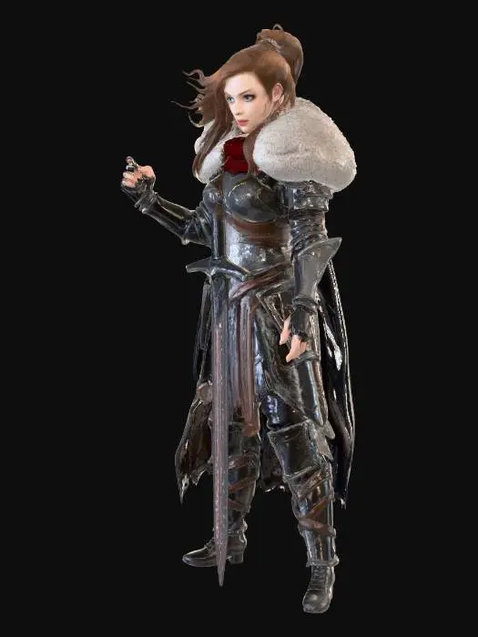 3D model for “A highly detailed 3D model of a fierce warrior woman stands on a frozen, snow-covered battlefield, sculpted with realistic proportions and heroic anatomy, her stance grounded and powerful as she rests a heavy longsword tip-down in the ice, one gauntleted hand gripping the hilt. She wears intricately modeled leather-and-steel armor with engraved metal plates, fur-lined pauldrons, reinforced boots, and a torn cloak simulated with realistic fabric physics, her braided hair and loose strands dynamically affected by icy wind, snow accumulating naturally on surfaces. The environment features a fully realized 3D snowy battlefield with scattered shields, broken weapons, uneven terrain, and distant low-poly-to-high-detail mountains under a stormy skybox, volumetric fog and particle-based snowfall