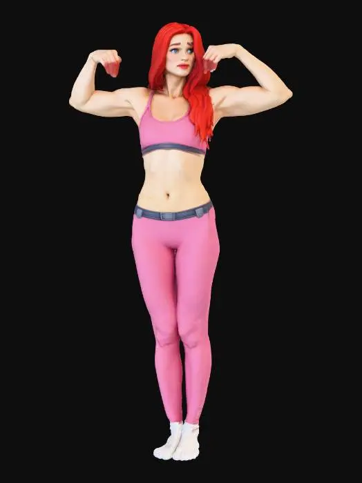 3D model for Middle aged woman , 180cm tall , bit overweight , muscular arms and legs , little belly , long red haired , blue eyes , very beautiful woman , very wide hips , wide shoulders , wearing pink tights and pink bra , big breasts , large legs , red lipstick , red strings on the sides of tight , red lipstick , White sneakers , T - POSE