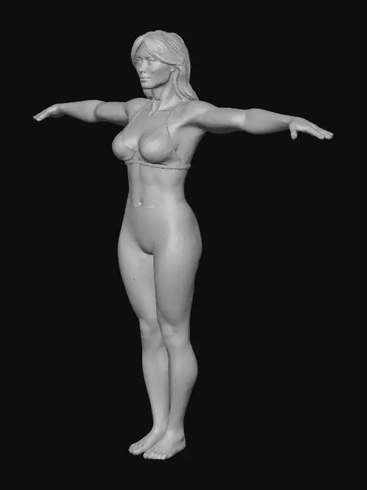3D model for T POSE , Middle aged woman , 180cm tall , bit overweight , muscular arms and legs , little belly , long red haired , blue eyes , very beautiful woman , very wide hips , wide shoulders , wearing pink tights and pink bra , big breasts , large legs , red lipstick , red strings on the sides of tight , red lipstick ,white sneakers ,T - POSE