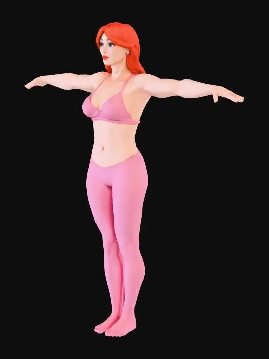 3D model for T POSE , Middle aged woman , 180cm tall , bit overweight , muscular arms and legs , little belly , long red haired , blue eyes , very beautiful woman , very wide hips , wide shoulders , wearing pink tights and pink bra , big breasts , large legs , red lipstick , red strings on the sides of tight , red lipstick ,white sneakers ,T - POSE