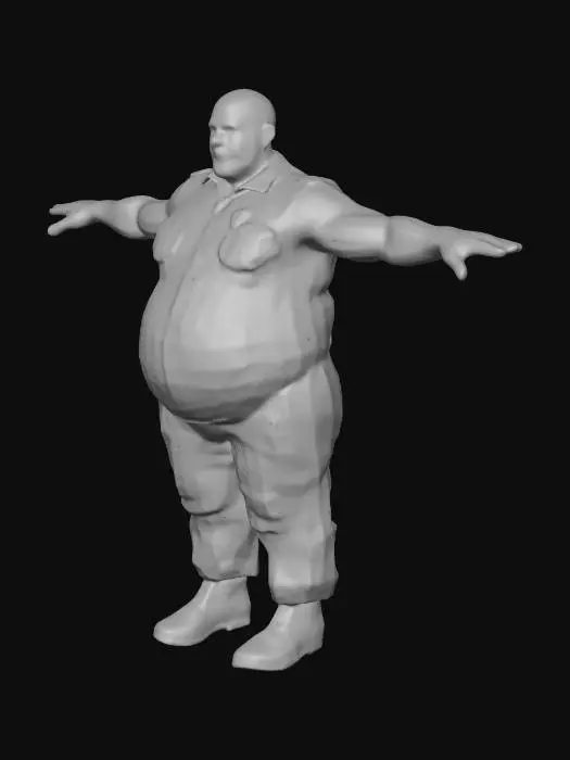 3D model for very tall and fat , muscular big arms, 40 years old , blue police officer trousers and sleeveless shirt , clean face and bald , hairy forearms , big belly , T POSE , T-POSE