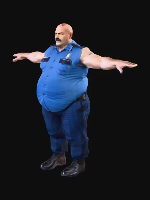3D model for very tall and fat , muscular big arms, 40 years old , blue police officer trousers and sleeveless shirt , clean face and bald , hairy forearms , big belly , T POSE , T-POSE