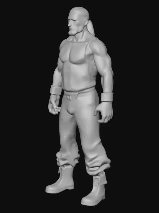 3D model for Tall and lean physique , 45 years old man , long gray ponytail hair , serious face , Black sleeveless shirt , black trousers , gray leather boots , gray leather gloves