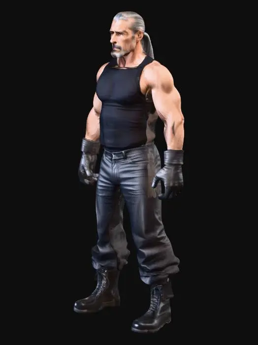 3D model for Tall and lean physique , 45 years old man , long gray ponytail hair , serious face , Black sleeveless shirt , black trousers , gray leather boots , gray leather gloves