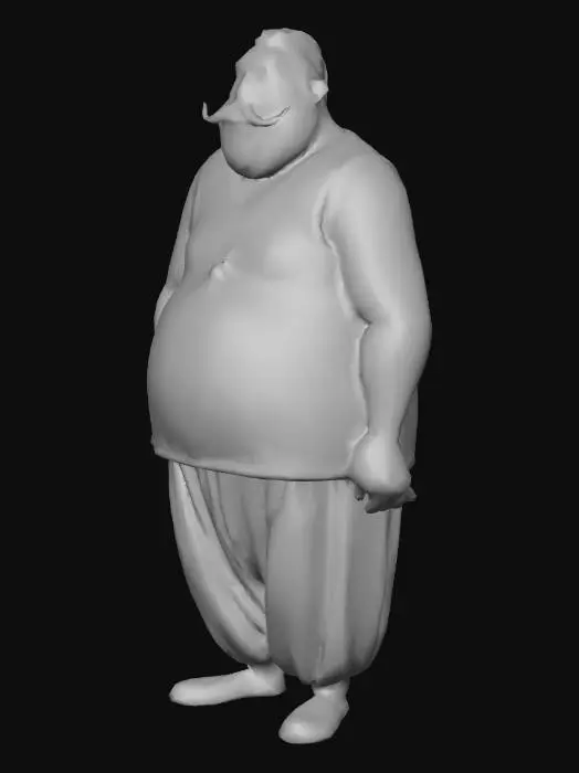 3D model for cartoonish fat man , white sleveless shirt , dark brown shalwar pants , black classic shoes , cartoon , face with pear geometry , black long handle bar mustache , video game character