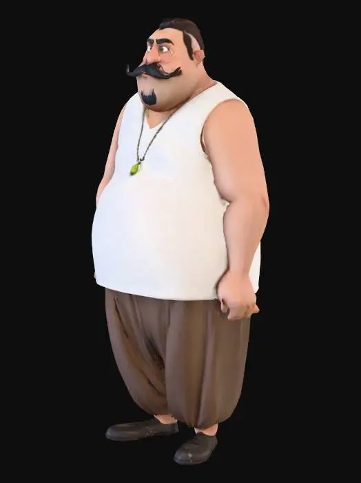 3D model for cartoonish fat man , white sleveless shirt , dark brown shalwar pants , black classic shoes , cartoon , face with pear geometry , black long handle bar mustache , video game character