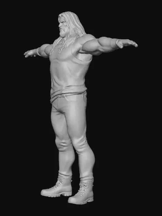 3D model for Very tall and massive male , long black hair , black moustache and goatee , gray sleveeless t-shirt partly overflowing trousers , blue jeans , brown boots , leaner bottom physque , top heavy physque , very big and muscular arms , serious face , detailed , hd , t pose