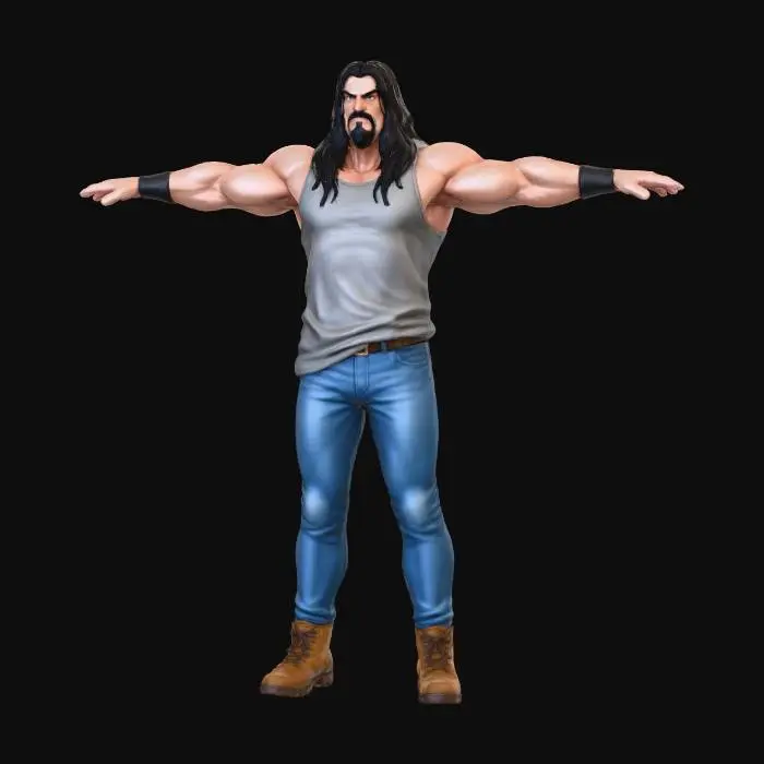 3D model for Very tall and massive male , long black hair , black moustache and goatee , gray sleveeless t-shirt partly overflowing trousers , blue jeans , brown boots , leaner bottom physque , top heavy physque , very big and muscular arms , serious face , detailed , hd , t pose