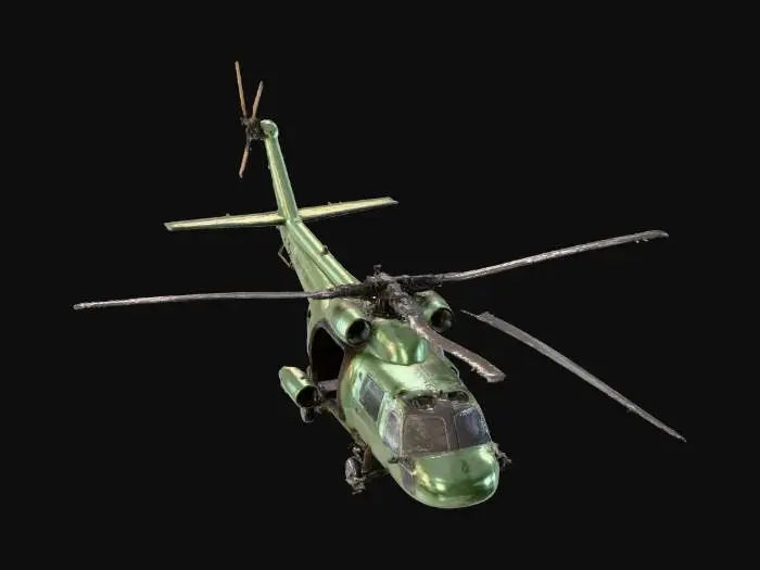 3D model for Crashed helicopter, rotor bent, smoke rising, scorch marks, green glowing veins spreading across fuselage