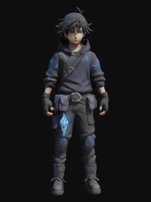 3D model for Anime-style teenage boy with messy black hair, soft expressive eyes, and a mix of fantasy and modern clothing. Wears a dark hoodie with glowing blue rune patterns, one shoulder guard, fingerless gloves, and a belt with pouches and a crystal charm. Tactical pants and reinforced boots. Slightly nervous but determined expression. Design should reflect a clumsy but powerful protagonist in a magical fantasy world.
