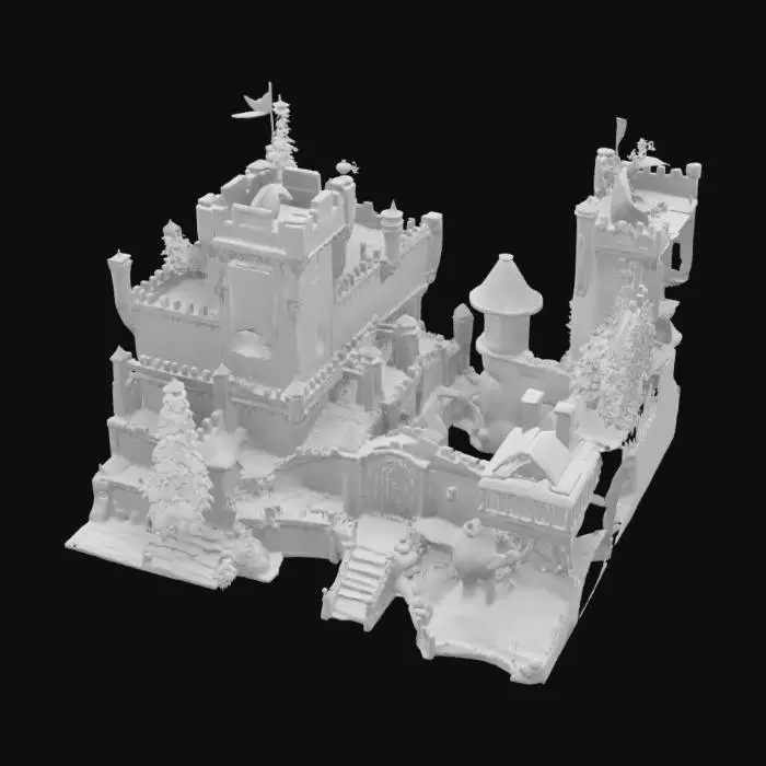 3D model for A dark fortress hidden in a misty pine forest, built into a mountain cliff. Black stone towers rise above the trees, flying silver wolf banners. Iron gates guard the entrance, lit by torchlight. Statues of howling wolves flank the path. Gothic military style, sharp stone and steel. Snow covers rooftops. Dim orange lights glow from arrow slits. Spiked fences, hidden traps, and perched wolves watch the forest. A secret path winds behind the base for elite members.