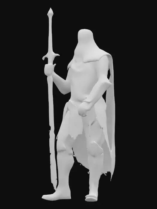 3D model for Low poly dark fantasy paladin with white hair and beard, wearing a tattered tabard instead of armor, holding a greatsword, with a somber and solemn look. No crown. Inspired by gothic medieval aesthetics, like Dark Souls or Blasphemous. Standing pose, realistic proportions, pixel-art-friendly silhouette