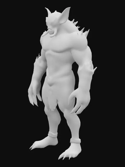 3D model for A highly detailed fantasy monster model with a massive, muscular body and rough, pale green skin covered in dark green scales and black spots. It has a fierce face with glowing yellow eyes, sharp tusks, and pointed ears. The creature wears weathered silver wristbands and a dark brown fur loincloth with a metal belt. Its large hands and feet have sharp, dark claws, giving it a powerful and battle-ready appearance