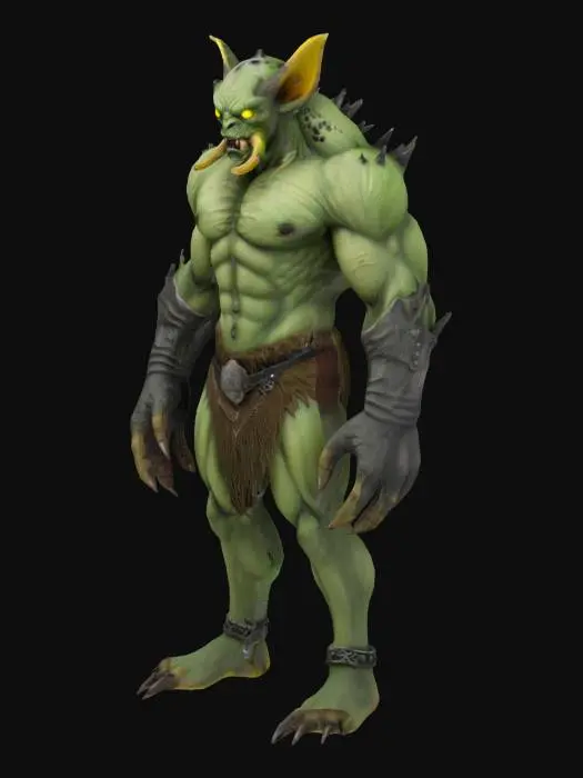 3D model for A highly detailed fantasy monster model with a massive, muscular body and rough, pale green skin covered in dark green scales and black spots. It has a fierce face with glowing yellow eyes, sharp tusks, and pointed ears. The creature wears weathered silver wristbands and a dark brown fur loincloth with a metal belt. Its large hands and feet have sharp, dark claws, giving it a powerful and battle-ready appearance