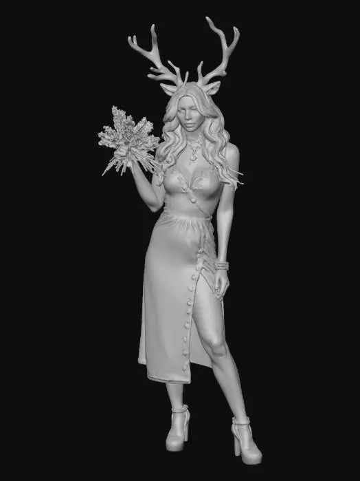 3D model for An attractive Anthro Reindeer women with c cup bust, with inviting eyes, and wry smile, in a green dress with red shoes holding up mistletoe in one hand over her head with her other hand resting on her hips, she is standing with her hips tilted in a provocative stance with one leg in front of the other. She has a choker with a jingle bell in the center on her neck, And she has a bracelets made of jingle bells on her wrists and ankles. She is standing on a base decorated with some snow with cobbles stones. , #Christmas2025#