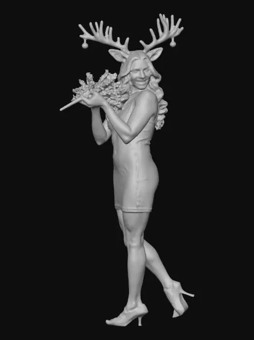 3D model for An attractive Anthro Reindeer women with c cup bust, with inviting eyes, and wry smile, in a green dress with red shoes holding up mistletoe in one hand over her head with her other hand resting on her hips, she is standing with her hips tilted in a provocative stance with one leg in front of the other. She has a choker with a jingle bell in the center on her neck, And she has a bracelets made of jingle bells on her wrists and ankles. She is standing on a base decorated with some snow with cobbles stones. , #Christmas2025#