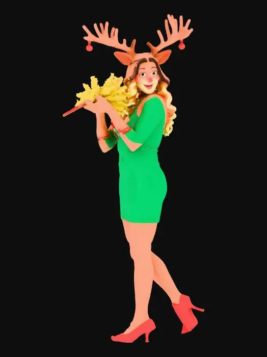 3D model for An attractive Anthro Reindeer women with c cup bust, with inviting eyes, and wry smile, in a green dress with red shoes holding up mistletoe in one hand over her head with her other hand resting on her hips, she is standing with her hips tilted in a provocative stance with one leg in front of the other. She has a choker with a jingle bell in the center on her neck, And she has a bracelets made of jingle bells on her wrists and ankles. She is standing on a base decorated with some snow with cobbles stones. , #Christmas2025#