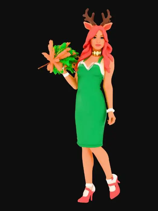 3D model for An attractive Anthro Reindeer women with c cup bust, with inviting eyes, and wry smile, in a green dress with red shoes holding up mistletoe in one hand over her head with her other hand resting on her hips, she is standing with her hips tilted in a provocative stance with one leg in front of the other. She has a choker with a jingle bell in the center on her neck, And she has a bracelets made of jingle bells on her wrists and ankles. She is standing on a base decorated with some snow with cobbles stones. , #Christmas2025#