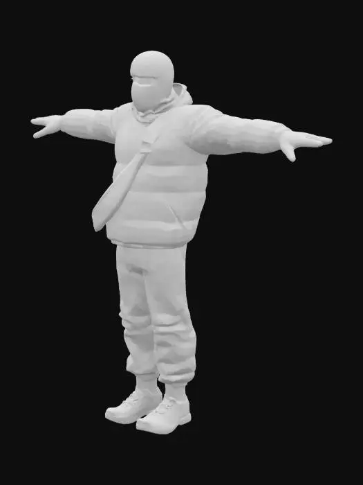3D model for british roadman, unreal engine five style, high quality, high detail, game ready, zbrush, vray, high quality, consistent, t posing, game ready, buffer jacket, tracksuit bottoms, man bag over shoulder and chest, balaklava