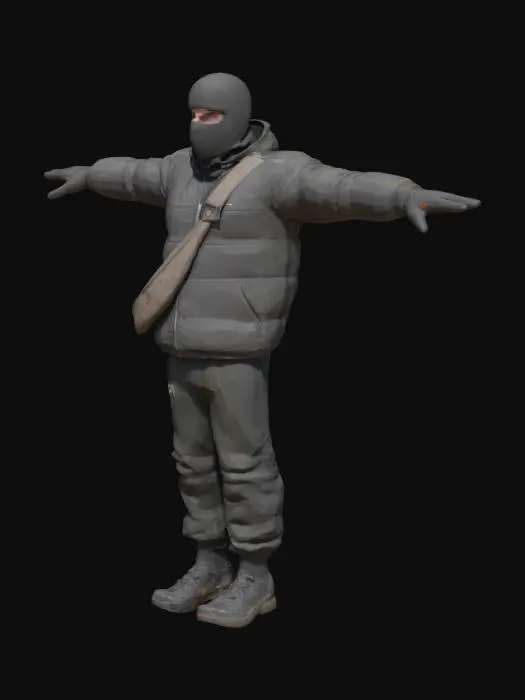3D model for british roadman, unreal engine five style, high quality, high detail, game ready, zbrush, vray, high quality, consistent, t posing, game ready, buffer jacket, tracksuit bottoms, man bag over shoulder and chest, balaklava
