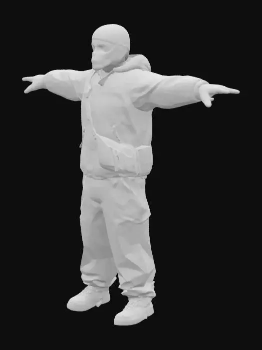 3D model for british roadman, unreal engine five style, high quality, high detail, game ready, zbrush, vray, high quality, consistent, t posing, game ready, buffer jacket, tracksuit bottoms, man bag over shoulder and chest, balaklava
