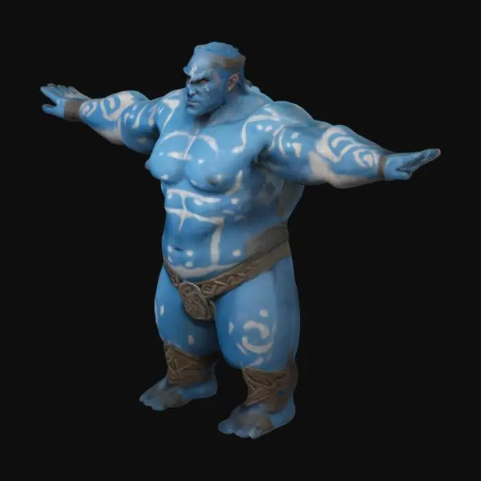 3D model for celtic warrior, no weapons, no cloak, no cape, t pose, arms out, legs apart, blue woad celtic body paint, male warrior, dungeons and warriors Games, dungeons and warriors style, zelda style, cartoon style, unreal engine 5, highest quality, highest resolution, insane detailed, character design, z-brush, v-ray
