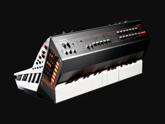 3D model for modern Synthesizer with nice design 60s style, with base metal and plastic, and realistic buttons, all hig detail and with micro high tech