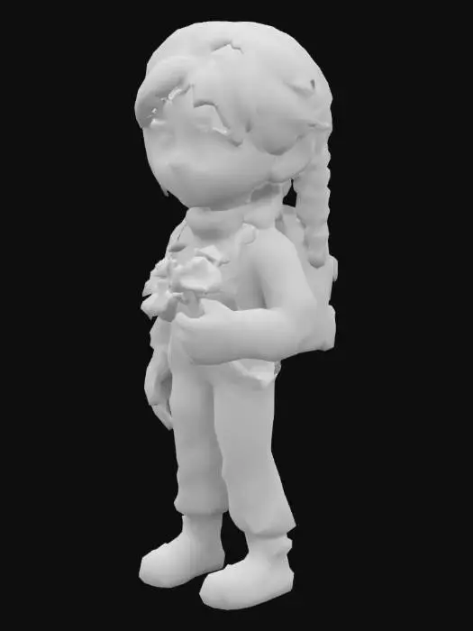 3D model for una figura cuerpo entero con cara bonita ,  ojos grandes, sonrisa, trenzas. viste traje de astronauta estilo pixar alto detalle, un traje rojo y azul. Lleva un ramo de flores en las manos