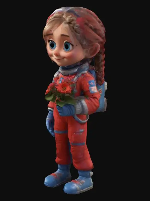 3D model for una figura cuerpo entero con cara bonita ,  ojos grandes, sonrisa, trenzas. viste traje de astronauta estilo pixar alto detalle, un traje rojo y azul. Lleva un ramo de flores en las manos